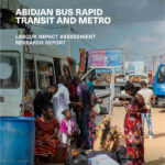 Image of report front page on Abidjan Bus Rapid Transit And Metro, featuring people waiting next to a bus