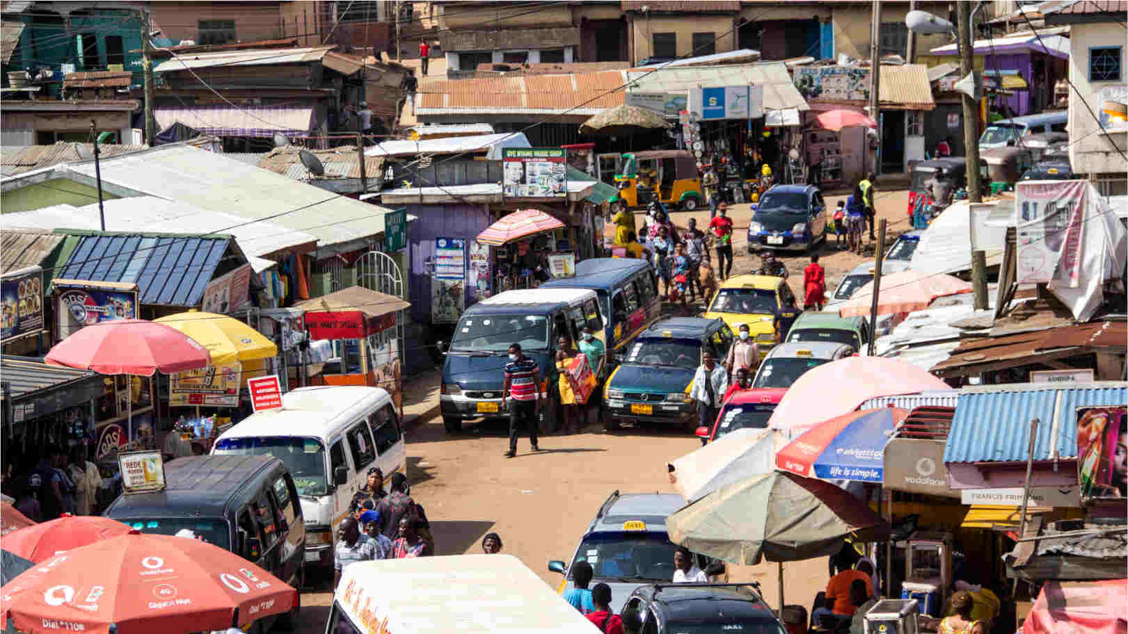 Aerial view of a public transport terminal in Accra